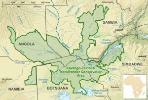 A map of the Kavango Zambezi Transfrontier Conservation Area (KAZA). Photograph courtesy of Wikimedia Commons